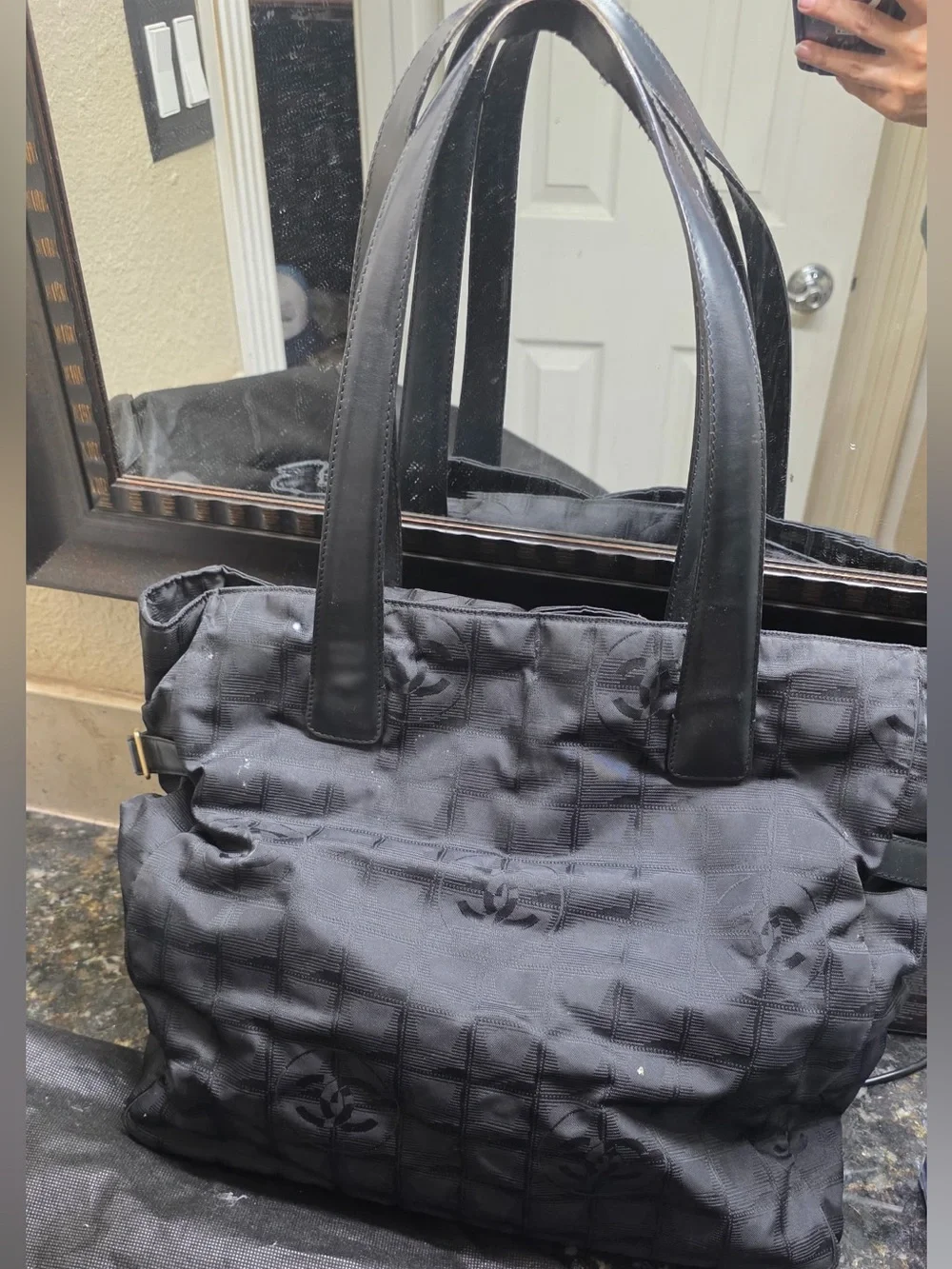 CHANEL Black Quilted Nylon Tote with Leather Handles